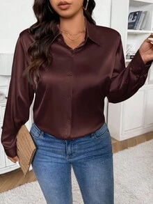 SHEIN Frenchy 休閒法式緞面米色大尺碼襯衫，適合辦公、通勤和日常穿著，女款秋季服飾 - 咖啡棕 - 查看 4