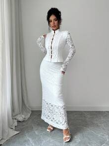 SHEIN Elenzya 2pcs Set Exquisite Hollow Lace Frog Button Top & High Waist Long Skirt - White - View 4