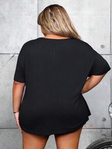 SHEIN CURVE+ 大碼女士骷髏骨頭和標語印花短袖t恤 - 黑色 - 查看 2
