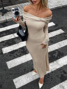 Livesso Setelan Kasual 2 Potong Wanita dengan Atasan Lengan Panjang Berkerah Warna Khaki Polos Longgar dan Celana Panjang Lebar untuk Musim Gugur - Khaki - View 4