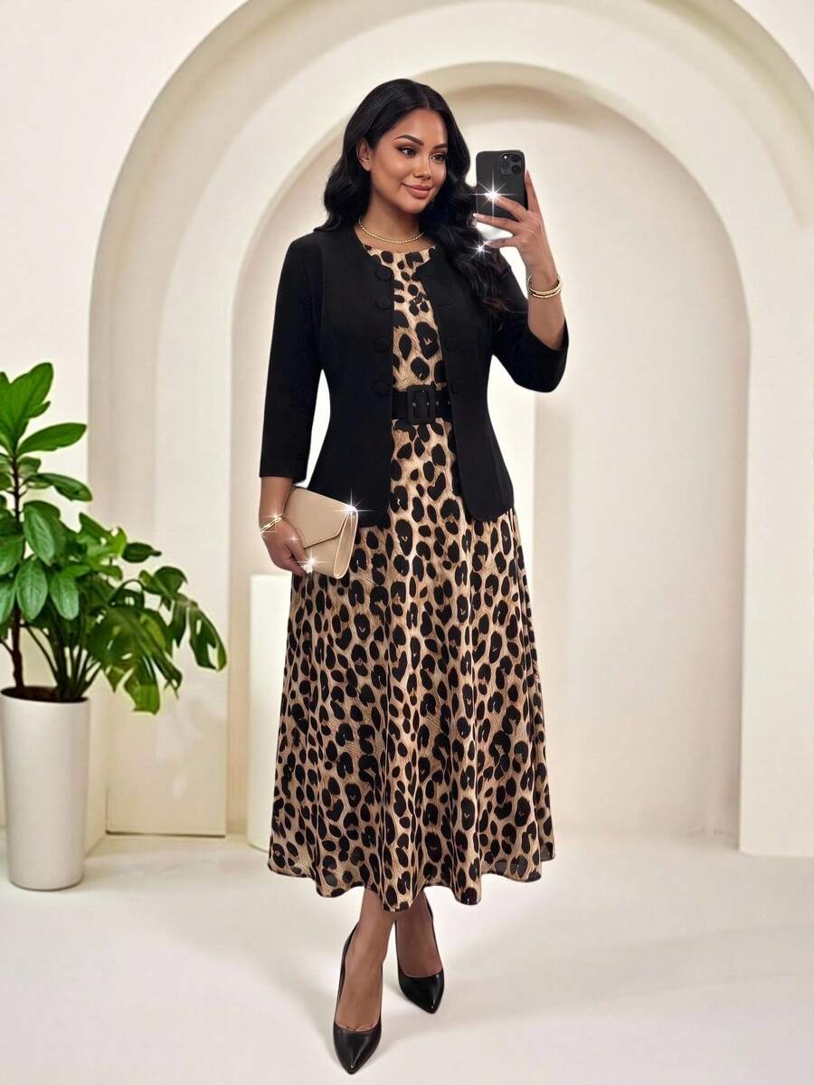 SHEIN Lady CURVE Plus Size Women Solid Color 3/4 Sleeve Single-Breasted Jacket And Leopard Print Dress Elegant 2-Piece Set Fall - Multicolor - View 1