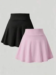 Souflis Souflis 女童 2 件組防磨裙褲套裝，夏季純色針織 A 字裙附內建短褲，適合學校、運動與日常穿著 - 彩色 - 查看 2
