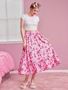 HELLO KITTY AND FRIENDS | SHEIN Rok Panjang Wanita Warna Pink dengan Motif Kartun Lucu dan Hem Berkerut untuk Musim Semi dan Musim Panas - Berwarna merah muda - View 1