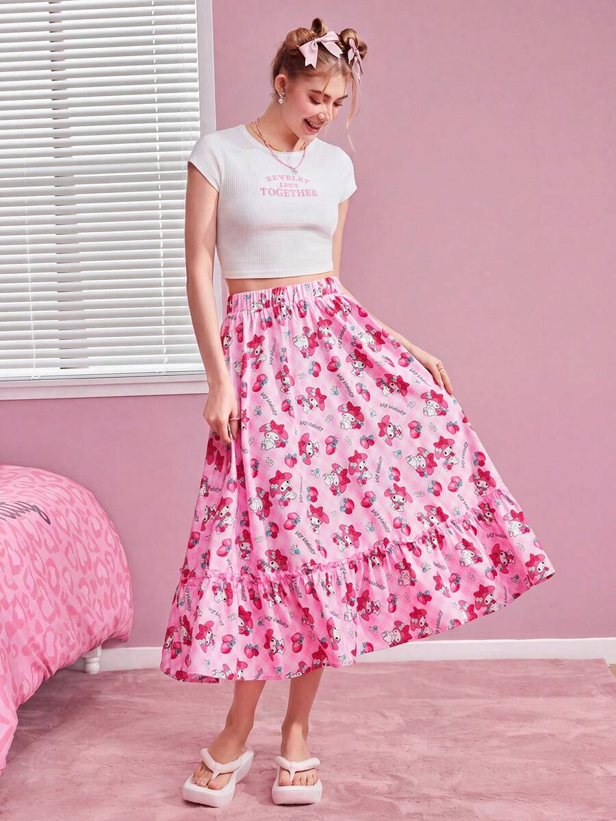 HELLO KITTY AND FRIENDS | SHEIN Rok Panjang Wanita Warna Pink dengan Motif Kartun Lucu dan Hem Berkerut untuk Musim Semi dan Musim Panas - Berwarna merah muda - View 1