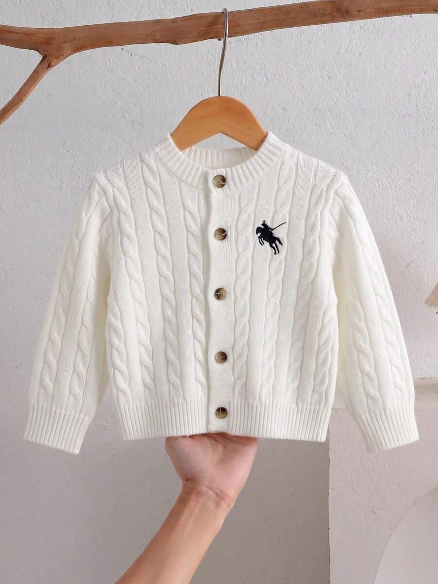 SHEIN Baby Girl Knight Embroidery Long Sleeve Single-Breasted Casual Knit Cardigan - Pink - View 1