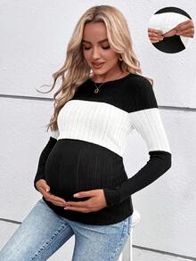 SHEIN 孕婦休閒拼色春秋長袖圓領哺乳上衣長版孕婦T恤秋季款 - 黑與白 - 查看 2