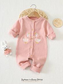 Cozy Pixies Baby Girl Cartoon Animal Sweet Cute Duck Pattern 3D Mesh Bowknot Design Round Neck Long Sleeve Knit Jumpsuit Versatile Comfortable - Pink - View 8