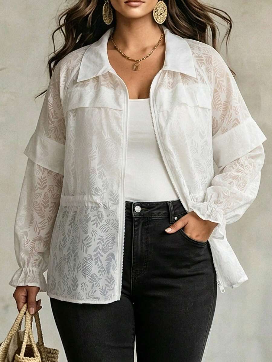 Linhara CURVE Plus Size Women's All-Over Print Zip-Up Casual Versatile Daily Wear Long Sleeve Jacket Fall - White - View 1