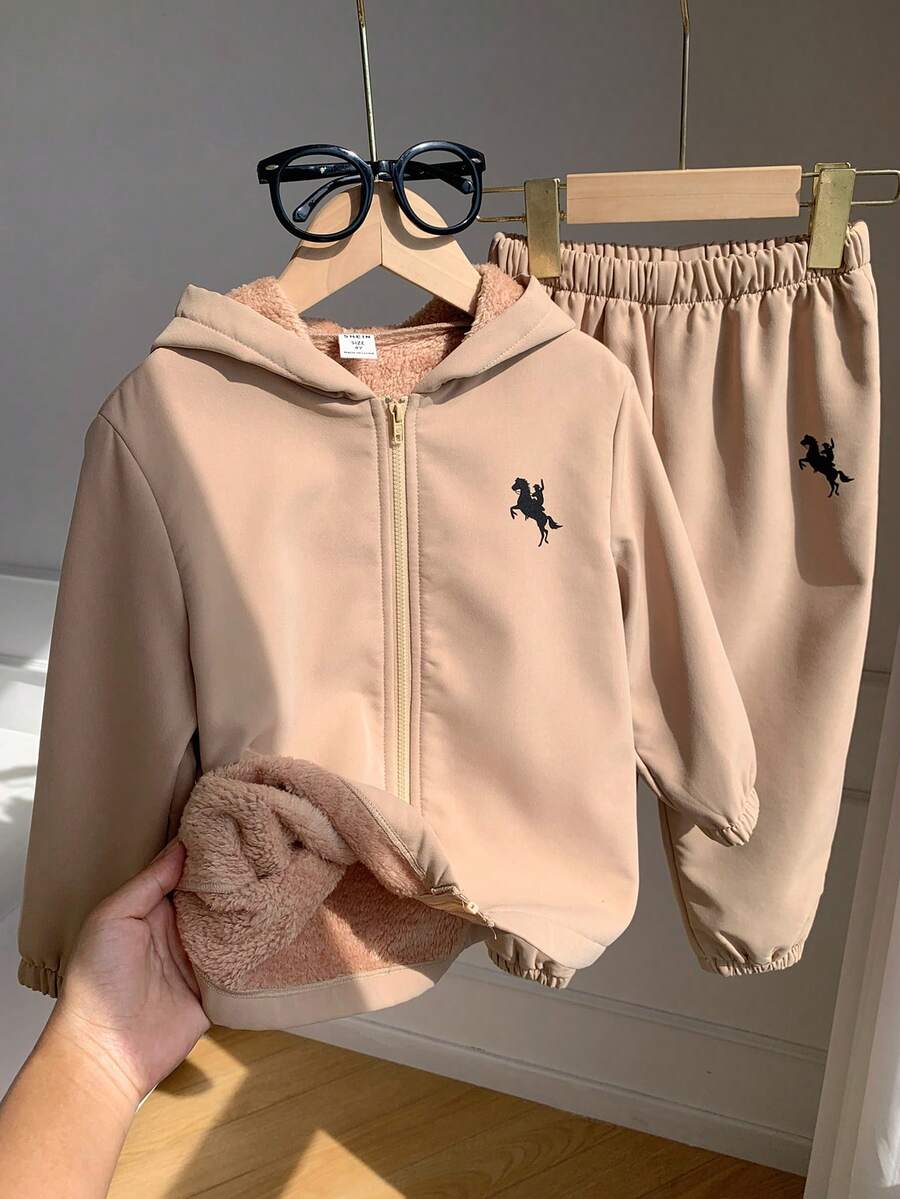 SHEIN 2件組兒童小男孩秋冬可愛休閒百搭保暖內裡連帽外套與長褲套裝,男孩套裝 - 彩色 - 查看 1
