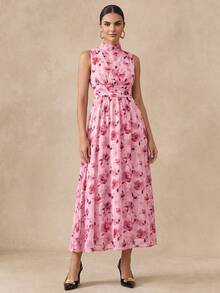 Almamuse Women's Tie-Dye Floral Print Dress With Flared Hem And Sleeveless High Collar - Coral Pink - View 1