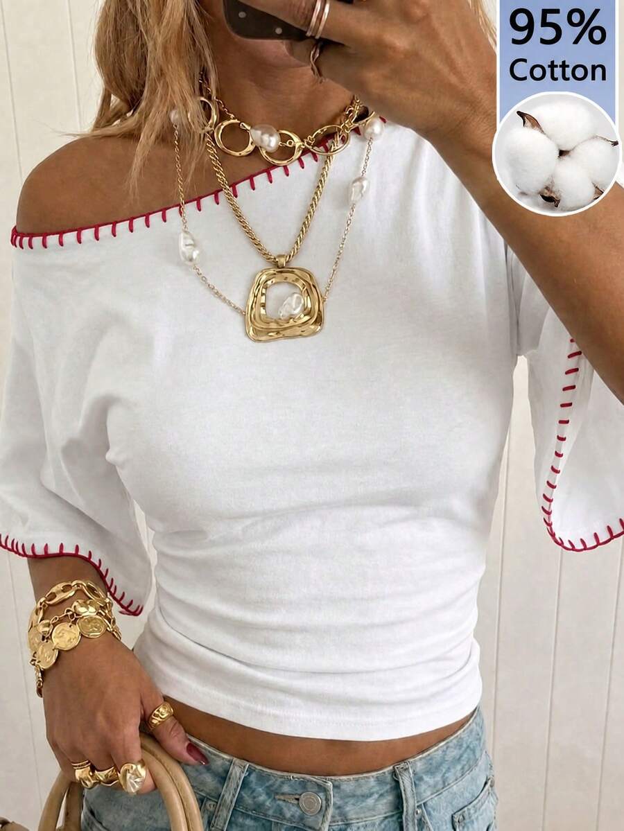 SHEIN EZwear 休闲简约风红色撞色单肩装饰95%棉针织女式蝙蝠袖修身T恤,适合春夏穿着 - 彩色 - 查看 1