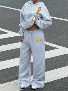 Muchica GARFIELD | SHEIN Women's Cartoon Print Long Sleeve Hoodie Sweatshirt And Pocket Loose Pants 2pcs Set - Grey - View 5