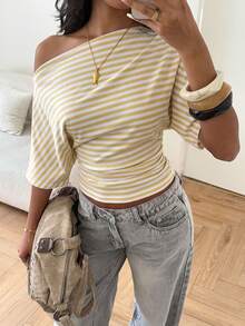 Aloruh Asymmetrical Shoulder Loose Top With Ruched Waist, Simple Basic T-Shirt - Light Yellow - View 5