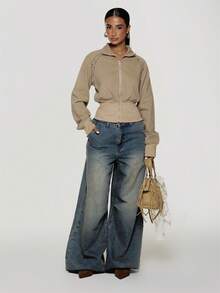 MUSERA Studded Funnel Neck Cropped Jacket With Cinched Ribbed Waist Boho, Sexy, Autumn, Festival, Girly, Studs & Suede - Khaki - View 3