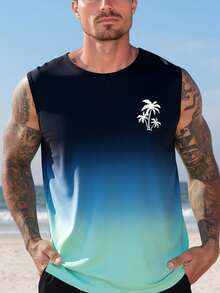 Genlund Plus Size Men's Palm Tree Graphic Round Neck Casual Tank Top, Holiday - Multicolor - View 1