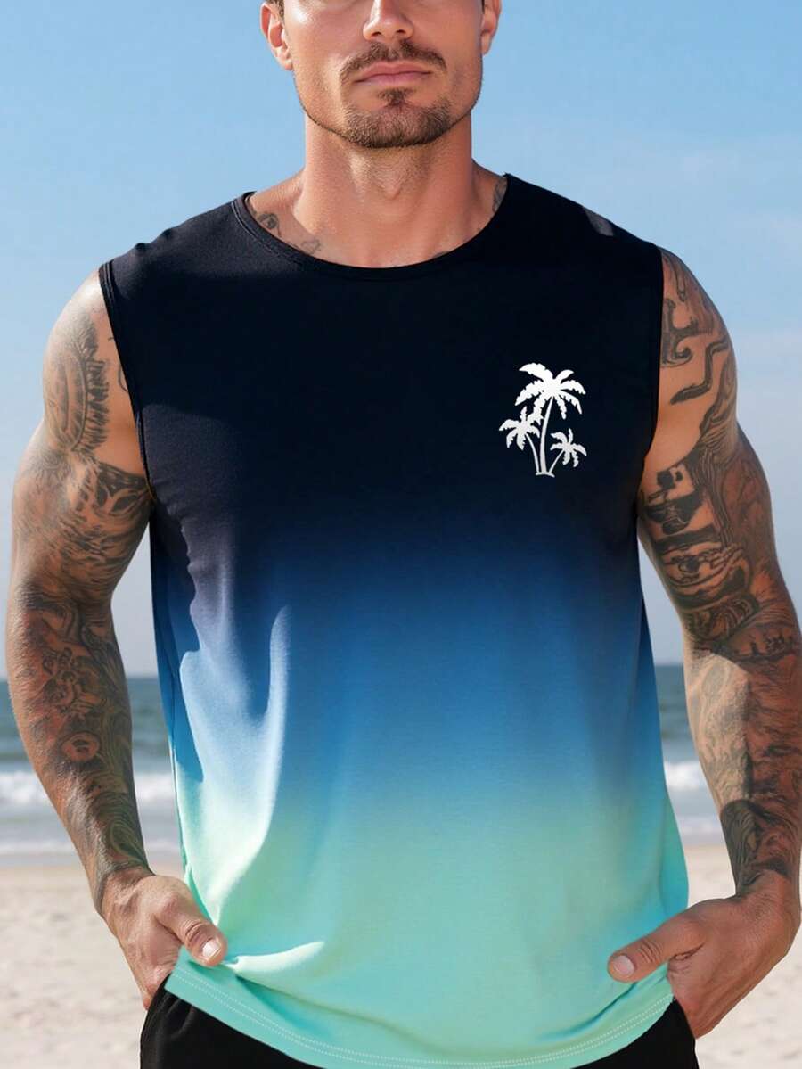 Genlund Plus Size Men's Palm Tree Graphic Round Neck Casual Tank Top, Holiday - Multicolor - View 1