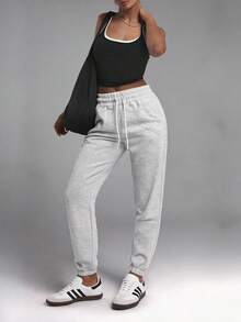 Cotton Elastic Waist Drawstring Solid Color Casual Sweatpants - Light Grey - View 5
