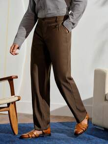 VeloEdit Men Button Detail Slant Pocket Suit Pants Formal, CeremonyFall Winter Business Commute‌ Old Money - Coffee Brown - View 1