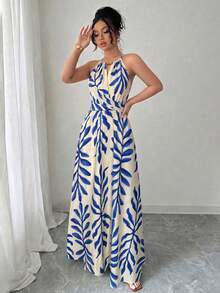 Elenzga Women's Spring/Summer Apricot Elegant Casual Beaded Design Sleeveless Fitted Slim Fit A-Line Dress - Blue - View 6