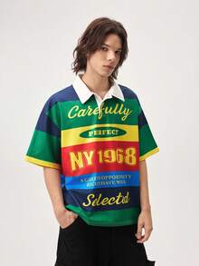 Vaulklash Manfinity Streetrush Men's Loose Cut Cropped Fit Polo T-Shirt,Navy Blue,Summer,Streetwear,Beach,City Break Hip-Hop Vintage Racing Rugby Jersey,Soccer - Multi-color - View 1