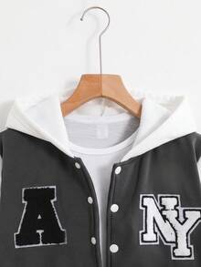 SHEIN Vacaura 青少年男孩秋冬抓絨連帽字母印花夾克，校園夾克，運動夾克 - 灰色 - 查看 3