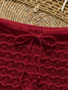 Soleia Drawstring Hollow Knit Fitted Cover-Up Top And Shorts - Burgundy - View 4