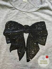 SHEIN 2件組女童休閒時尚蝴蝶結圖案T恤與內搭褲套裝，舒適耐穿，適合夏季與秋季，蝴蝶結圖案圓領短袖T恤，青少年女孩休閒款 - 彩色 - 查看 4