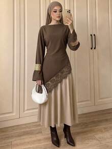 Celisse Women's Early Autumn New Loose Fit Asymmetrical Hem Lace Trim Long Sleeve Top - Brown - View 8