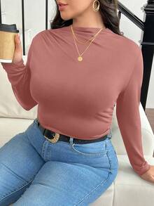 SHEIN Frenchy Plus Size Mock Neck Ruched Slim Fit Tee Fall - Dusty Pink - View 6