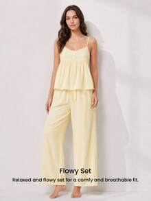 LUVLETTE Soft Airy Women's Yellow Summer Sweet Two-Piece Set - Double-Layered Ruffles & Polka Dots Adorable Breezy Home Wear - Yellow - View 12