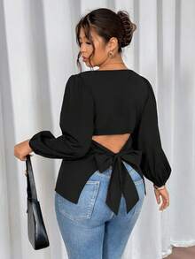 Firerie Plus Size Women Casual Elegant Vacation Minimalist Versatile Daily Basic Bowknot Loose Fit Puff Sleeve Blouse, Spring/Autumn,Fall Clothes For Women - Black - View 1