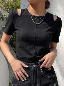 FRIFUL Women's Summer Spring Solid Color Slim Fit Flattering Versatile Short Sleeve T-Shirt - Black - View 5