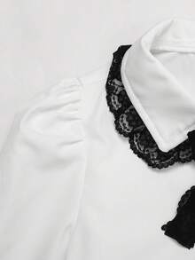 SHEIN 女童大童寬鬆休閒簡約舒適日常上學穿搭白色荷葉邊花瓣袖優雅荷葉飾前開扣上衣 - 白色 - 查看 2
