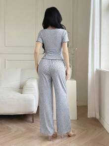 Feyla 2件套女士碎花蝴蝶结装饰短袖T恤和裤子套装 - 彩色 - 查看 3