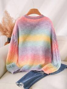 CosyJoli Plus Size Women Ombre Crew Neck Long Sleeve Sweater, Suitable For Vacation, Going Out, Commuting In Fall/Winter - Multicolor - View 2