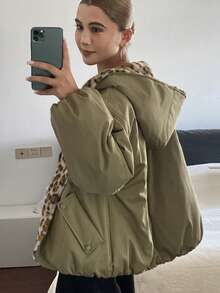 DAZY Patchwork Leopard Print Faux Fur Loose Long Sleeve Hooded Thickened Autumn/Winter Women's Padded Coat Jacket - Army Green - View 2