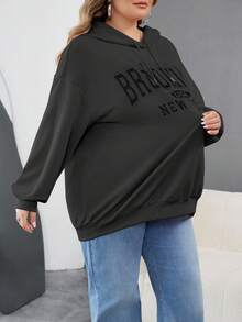 SHEIN CURVE+ 大尺碼女款休閒街頭風 Anti Social 極簡美式復古英倫印花連帽長袖寬鬆連帽衫 秋季畢業季灰色 - 深灰色 - 查看 9