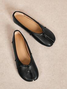 Rosivie Black Split-Toed Ballet Flats, Women's Low Vamp Soft Leather Versatile Commuter Shoes Fall Shoes - Black - View 1