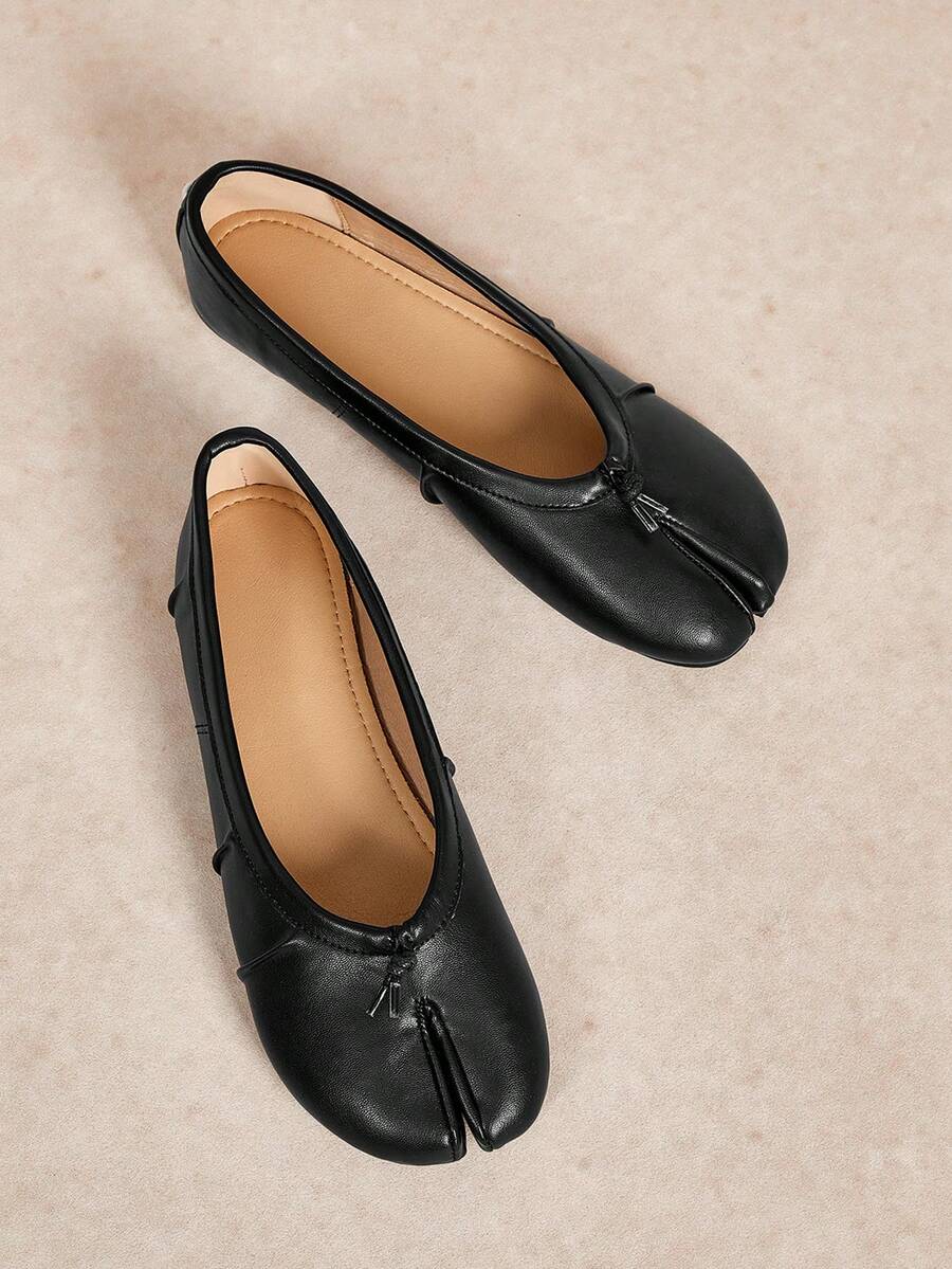 Rosivie Black Split-Toed Ballet Flats, Women's Low Vamp Soft Leather Versatile Commuter Shoes Fall Shoes - Black - View 1