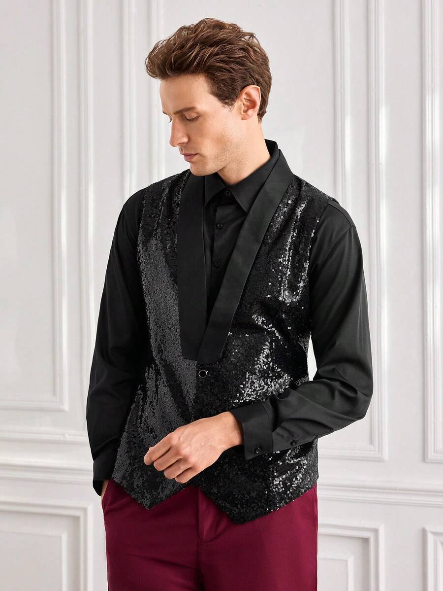 Officeau Men's Black Sequin Waistcoat, Glamorous Tuxedo For Party/Stage/Performance, Gift For Father/Husband - Black - View 1