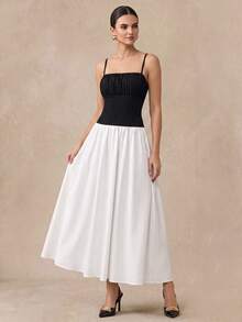 Almamuse Women's Contrast Color Patchwork Bodycon Dress With Spaghetti Straps Fall Women Clothes - Black and White - View 1