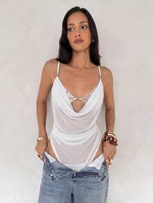 Aloruh Women's Lace Patchwork Pleated Casual Versatile Daily Wear Camisole Camisole - White - View 5