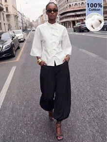 Maija 女款休閒法式優雅通勤茶會早午餐辦公室純色前綁帶襯衫 外出上班穿搭 白色 教師節 - 白色 - 查看 2