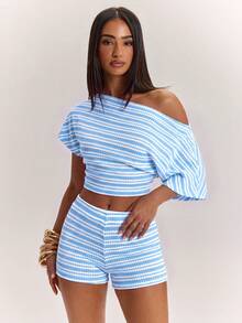 SHEIN BAE 女款棕色斜條紋上衣與短褲休閒日常套裝 - 淺藍色 - 查看 4
