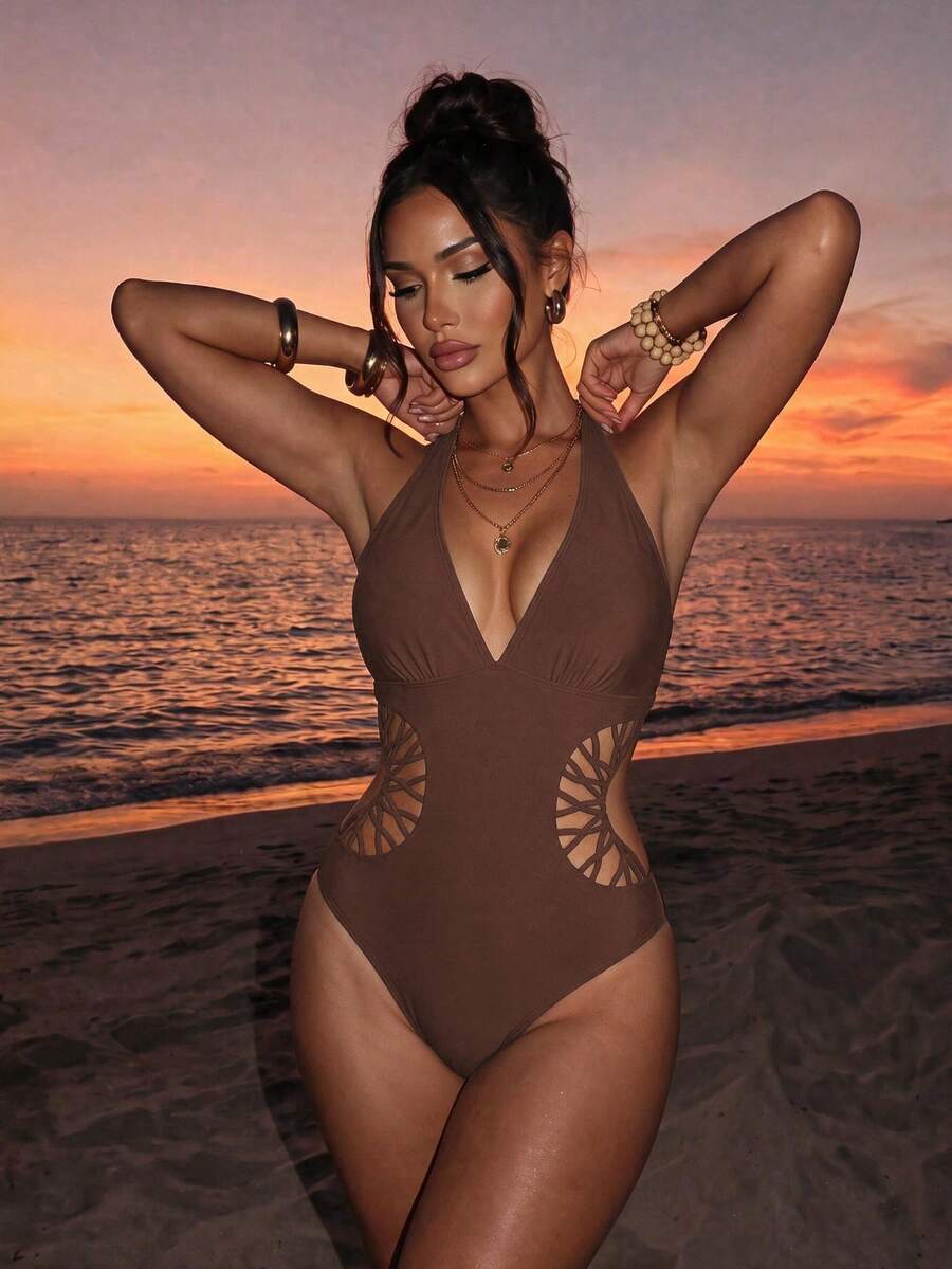 Swim SXY Solid Color Deep V-Neck Fitted Hollow Out Backless One-Piece Swimsuit For Women Bathing Suit One Piece Swimsuit - Coffee Brown - View 1