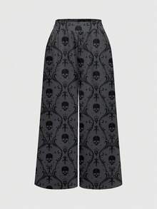 ROMWE Dark Gothic Vine & Skull All-Over Print Women's Long Pants - Black - View 1