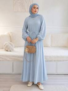 Solavon Einfaches vielseitiges Damenkleid mit Plissee und langen Ärmeln - Blau - Übersicht 1