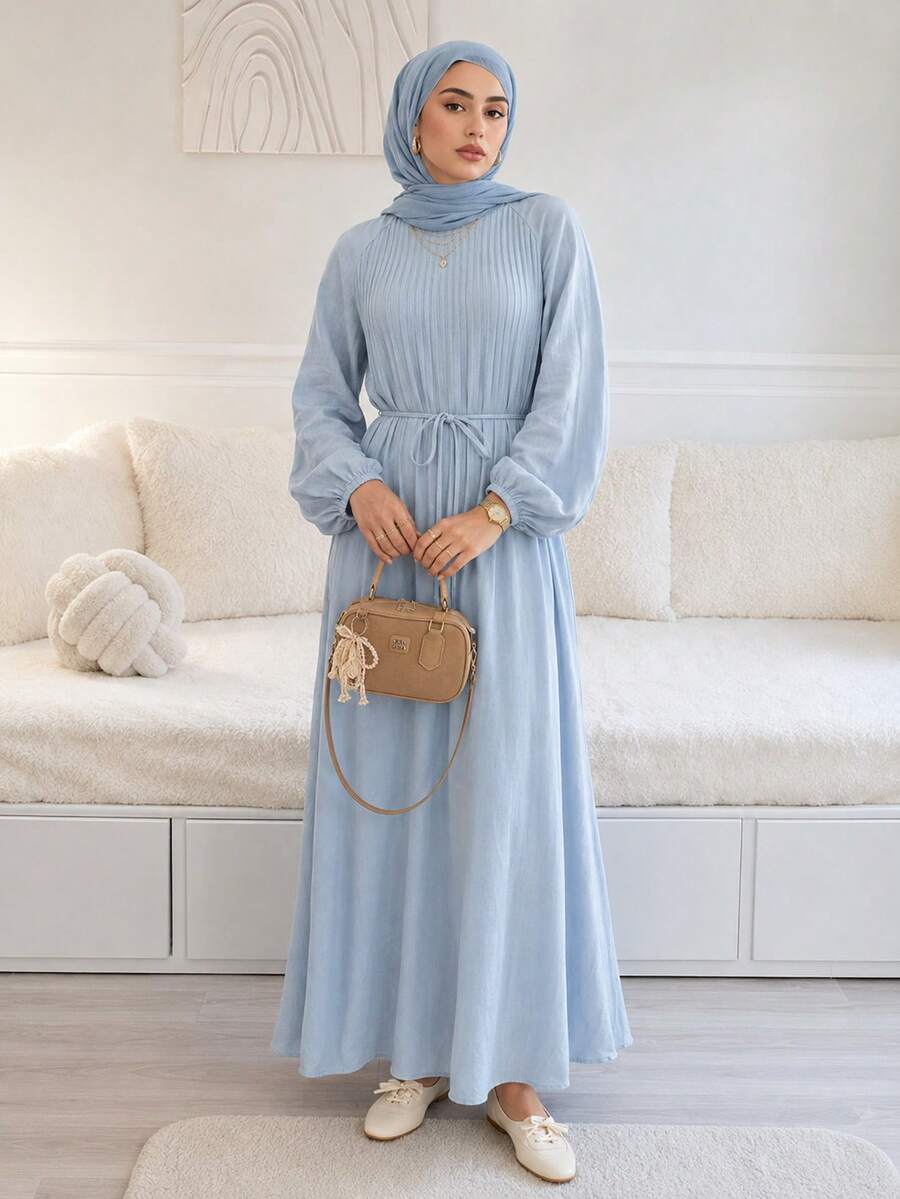 Solavon Einfaches vielseitiges Damenkleid mit Plissee und langen Ärmeln - Blau - Übersicht 1