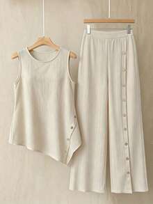 SHEIN LUNE CURVE 大尺碼素色背心上衣與長褲兩件套，杏色夏季休閒度假上班穿搭 - 杏色 - 查看 6