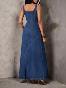 SHEIN Unity Women's Single-Breasted Split Design Casual Retro Vintage 70s 80s Daily Wear Denim Dress Everyday Going Out Fall - Blue - View 3